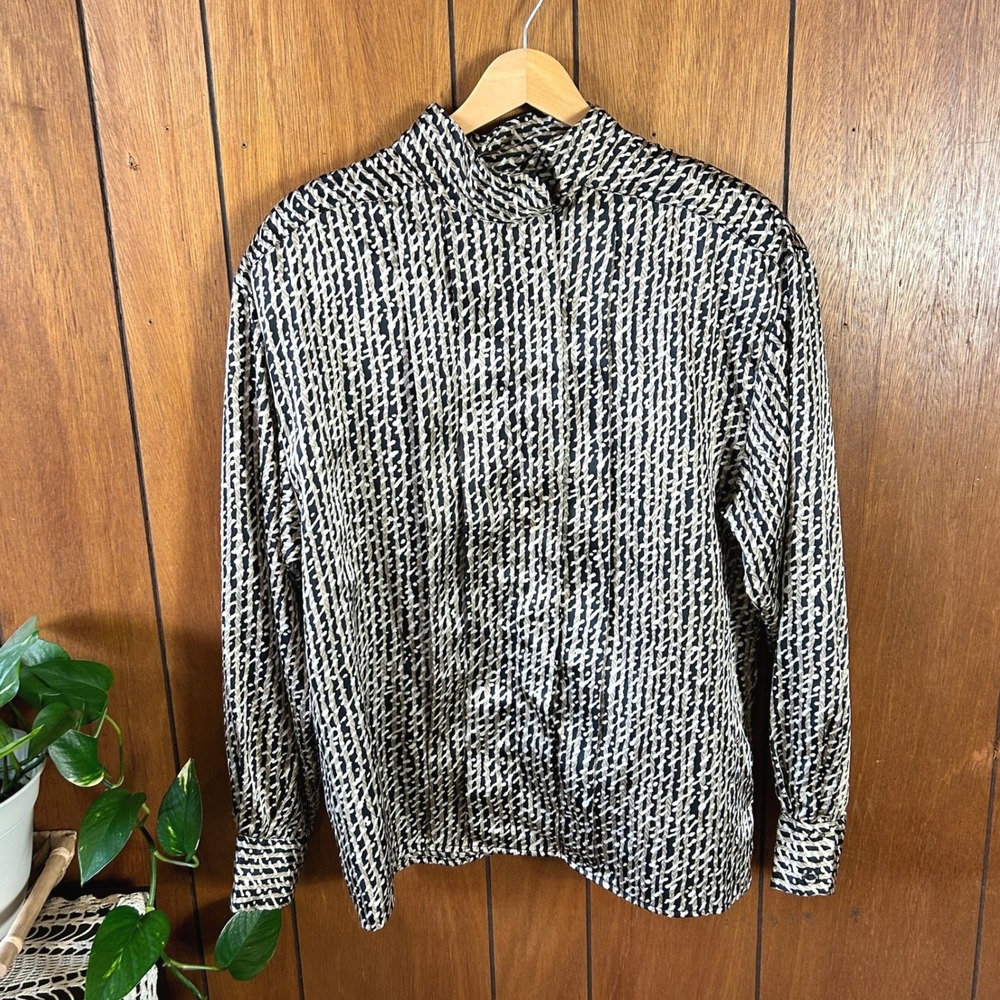 Vintage Alexandria Mock Neck‎ Blouse Black Tan Geometric Abstract Print Top